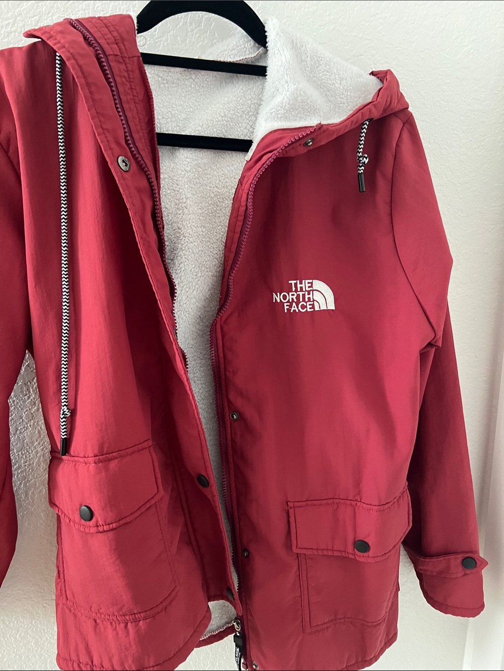 The North Face Red Utility Jacket with White Sherpa Lining